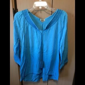 Mid-Sleeve Blue Blouse Tie Front One World